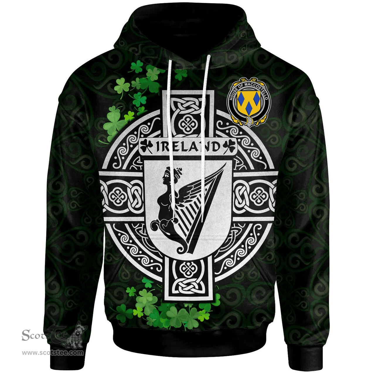 ScotsTee Shop Irish House of MACCOSTELLO Coat of Arms Irish Hoodie Celtic Ireland Coat Of Arms Badge Pewter Harp Pin