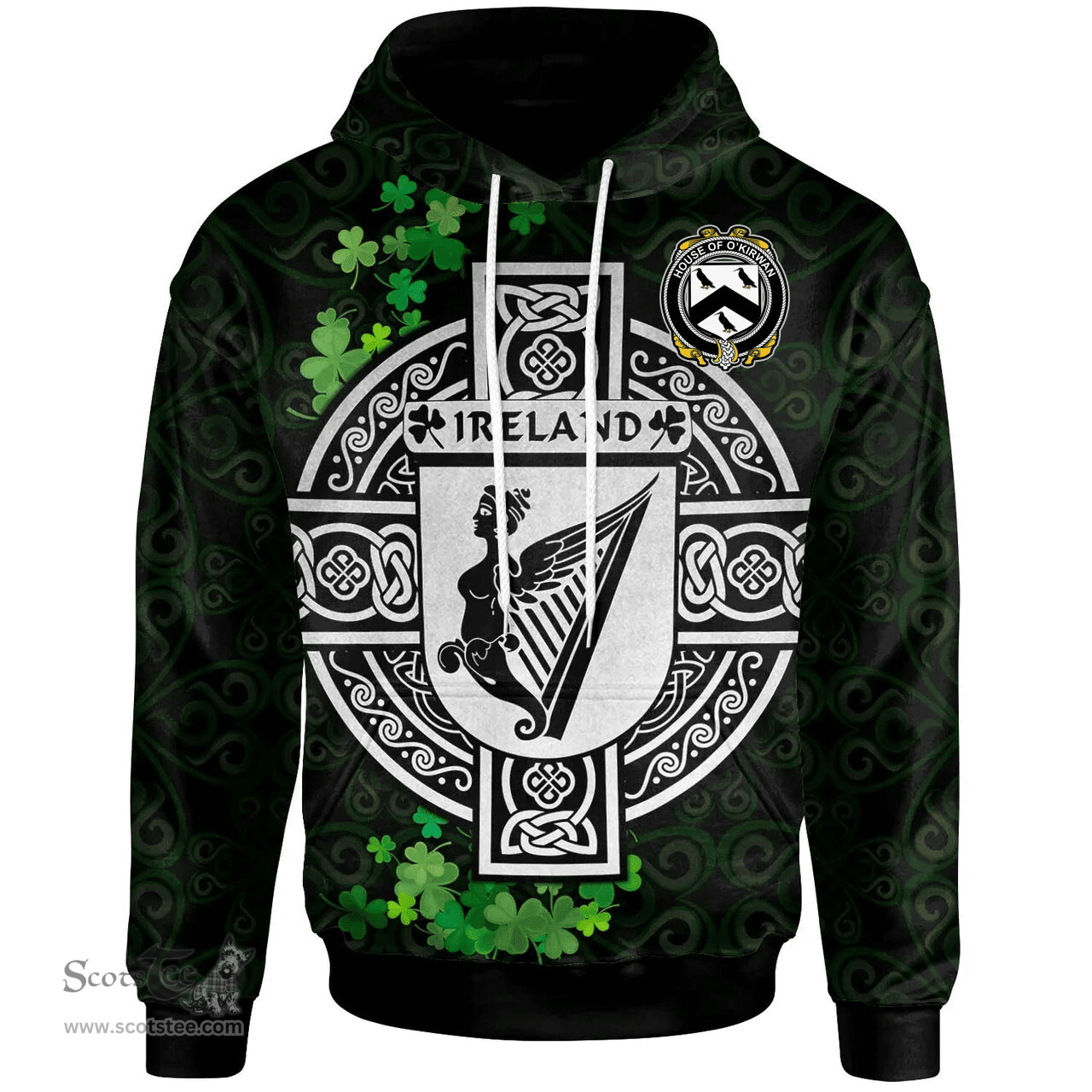 ScotsTee Shop Irish House of O'KIRWAN Coat of Arms Irish Hoodie Celtic Ireland Coat Of Arms Badge Pewter Harp Pin