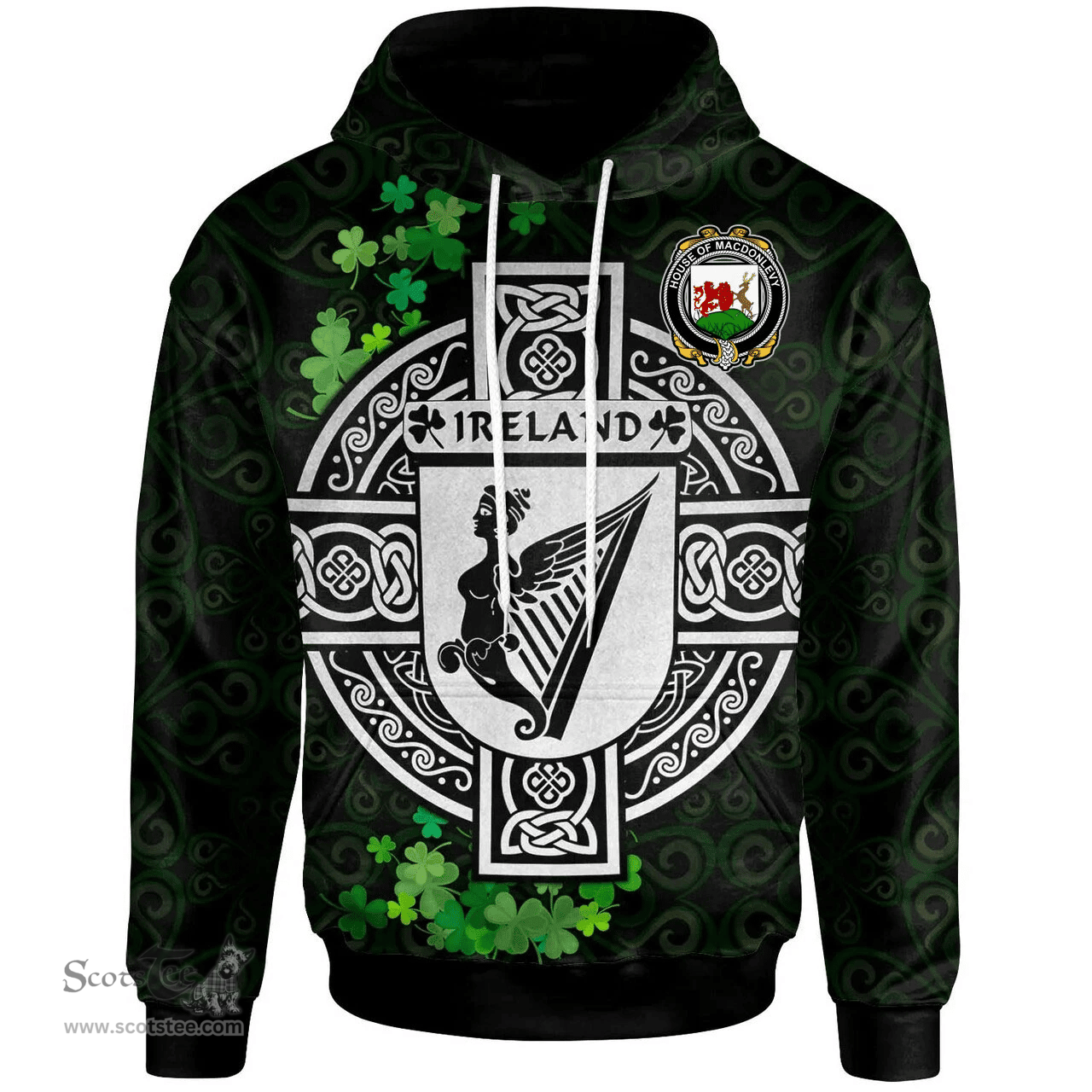ScotsTee Shop Irish House of MACDONLEVY Coat of Arms Irish Hoodie Celtic Ireland Coat Of Arms Badge Pewter Harp Pin
