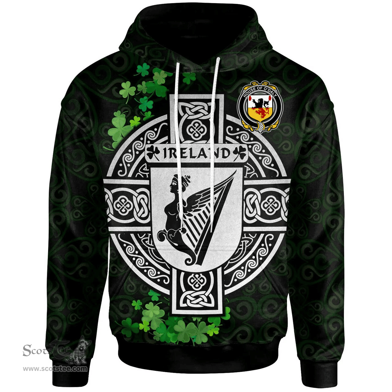 ScotsTee Shop Irish House of O'DALY Coat of Arms Irish Hoodie Celtic Ireland Coat Of Arms Badge Pewter Harp Pin