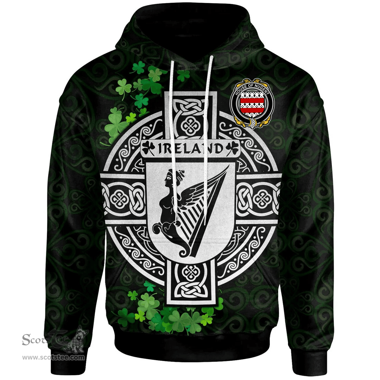 ScotsTee Shop Irish House of NUGENT Coat of Arms Irish Hoodie Celtic Ireland Coat Of Arms Badge Pewter Harp Pin