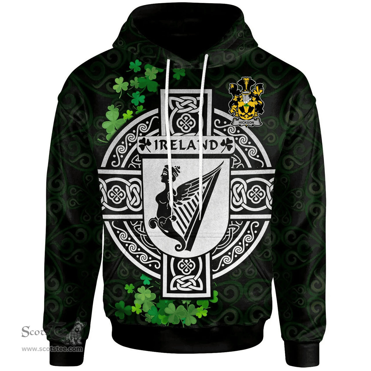 ScotsTee Shop Irish Hickson Coat of Arms Irish Hoodie Celtic Ireland Coat Of Arms Badge Pewter Harp Pin