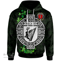 ScotsTee Shop Irish House of O'LOUGHLIN Coat of Arms Irish Hoodie Celtic Ireland Coat Of Arms Badge Pewter Harp Pin