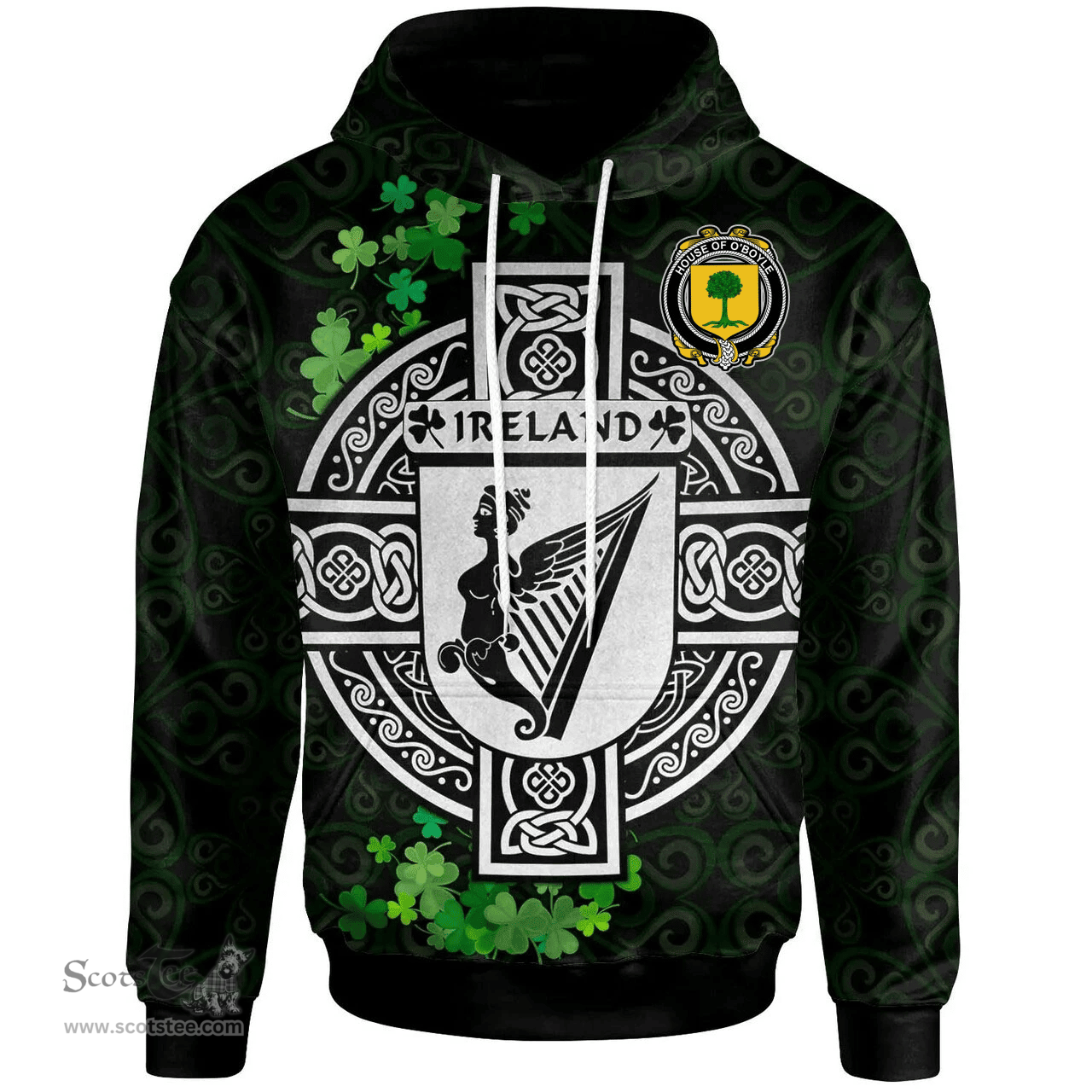 ScotsTee Shop Irish House of O'BOYLE Coat of Arms Irish Hoodie Celtic Ireland Coat Of Arms Badge Pewter Harp Pin