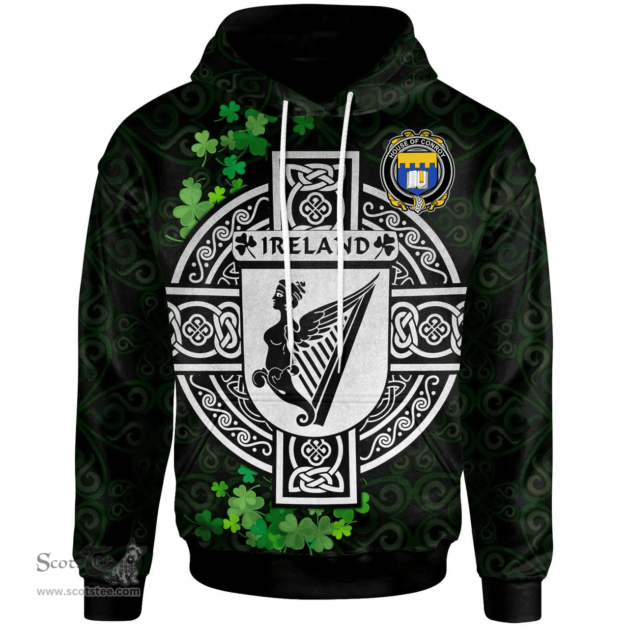 ScotsTee Shop Irish House of CONROY (O'MULCONRY) Coat of Arms Irish Hoodie Celtic Ireland Coat Of Arms Badge Pewter Harp Pin