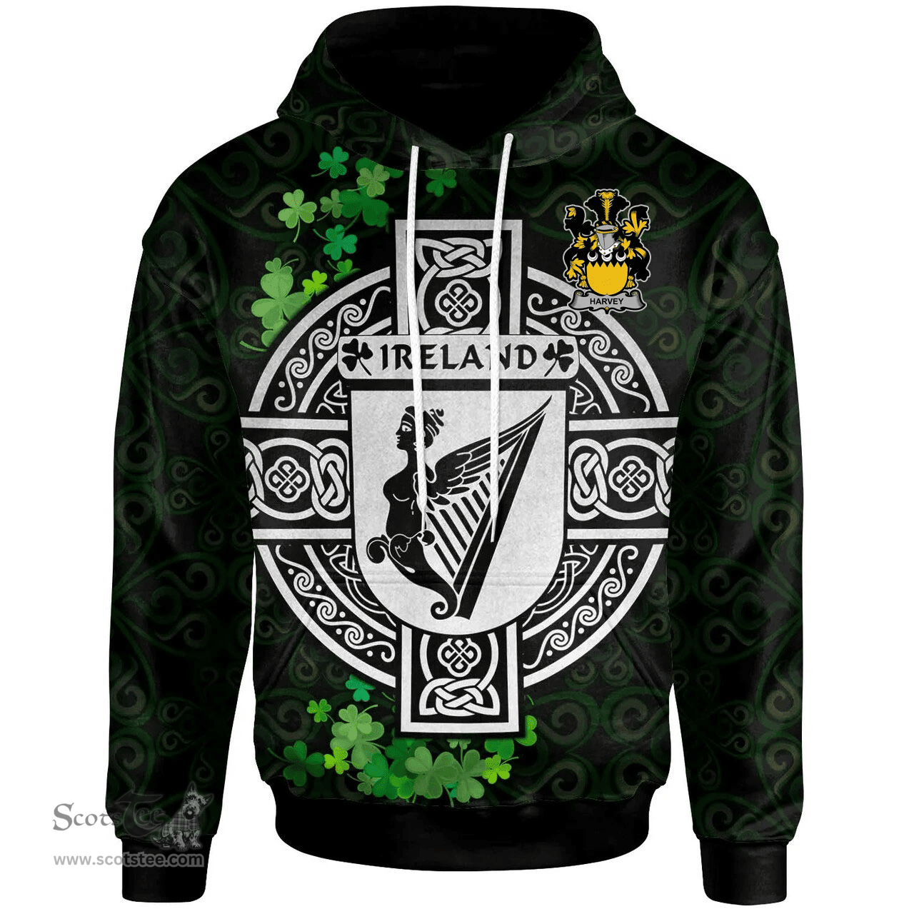 ScotsTee Shop Irish Harvey or Hervey Coat of Arms Irish Hoodie Celtic Ireland Coat Of Arms Badge Pewter Harp Pin