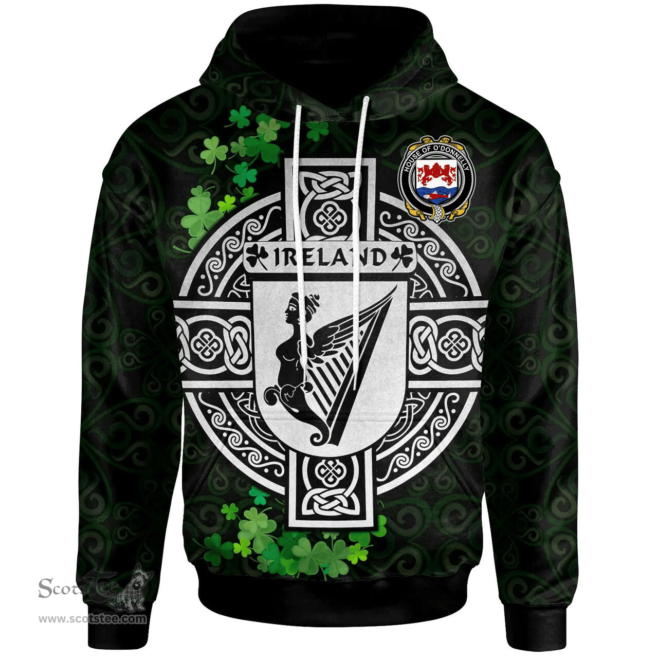 ScotsTee Shop Irish House of O'DONNELLY Coat of Arms Irish Hoodie Celtic Ireland Coat Of Arms Badge Pewter Harp Pin