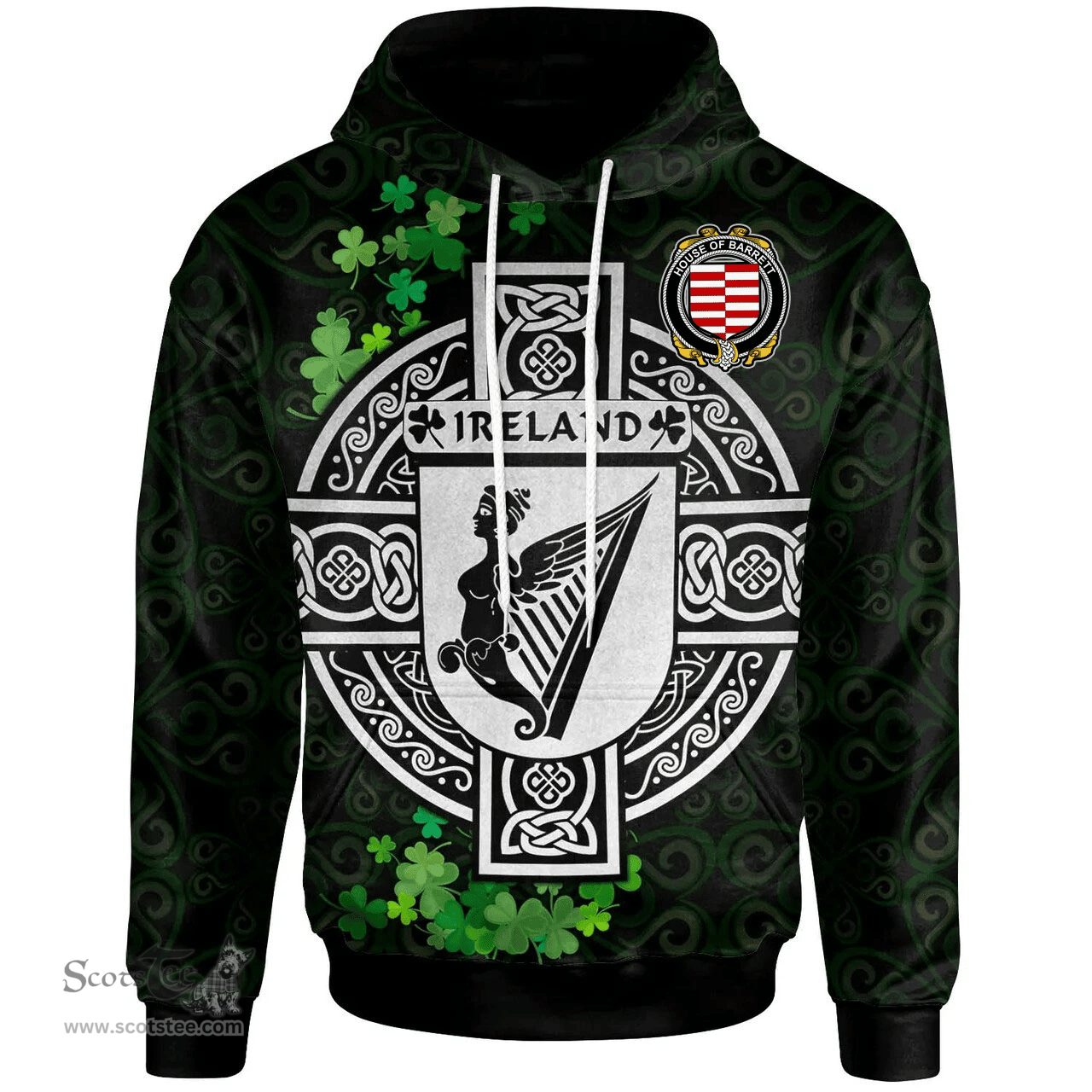 ScotsTee Shop Irish House of BARRETT Coat of Arms Irish Hoodie Celtic Ireland Coat Of Arms Badge Pewter Harp Pin