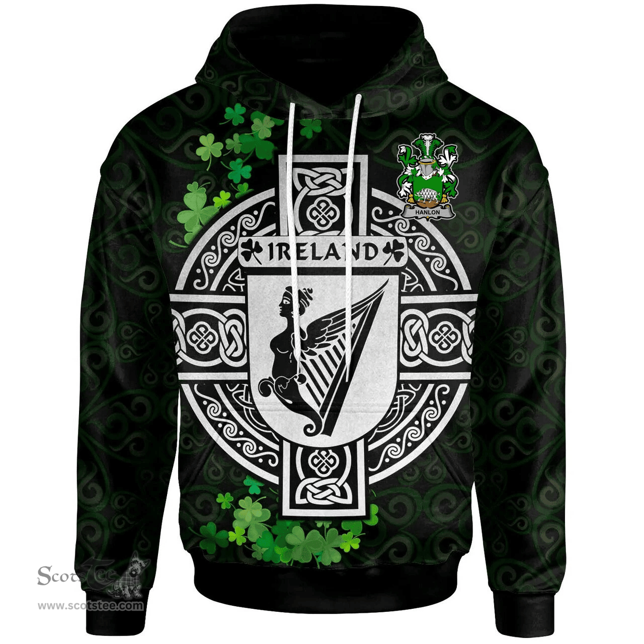 ScotsTee Shop Irish Hanlon or O'Hanlon Coat of Arms Irish Hoodie Celtic Ireland Coat Of Arms Badge Pewter Harp Pin