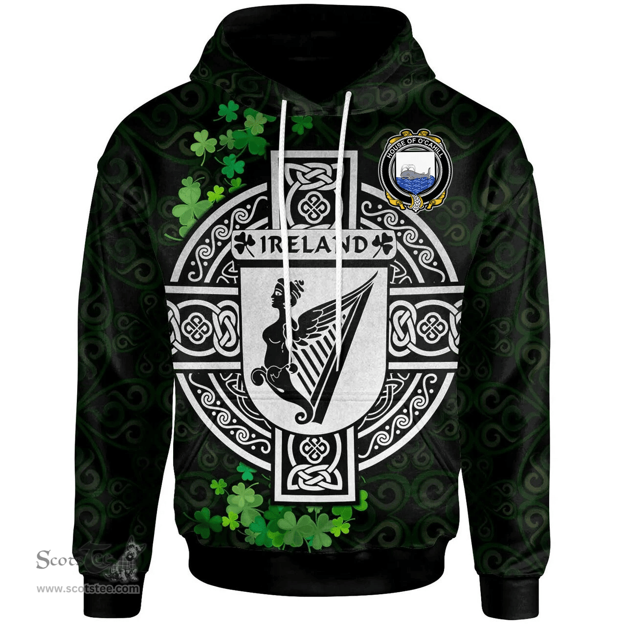 ScotsTee Shop Irish House of O'CAHILL Coat of Arms Irish Hoodie Celtic Ireland Coat Of Arms Badge Pewter Harp Pin