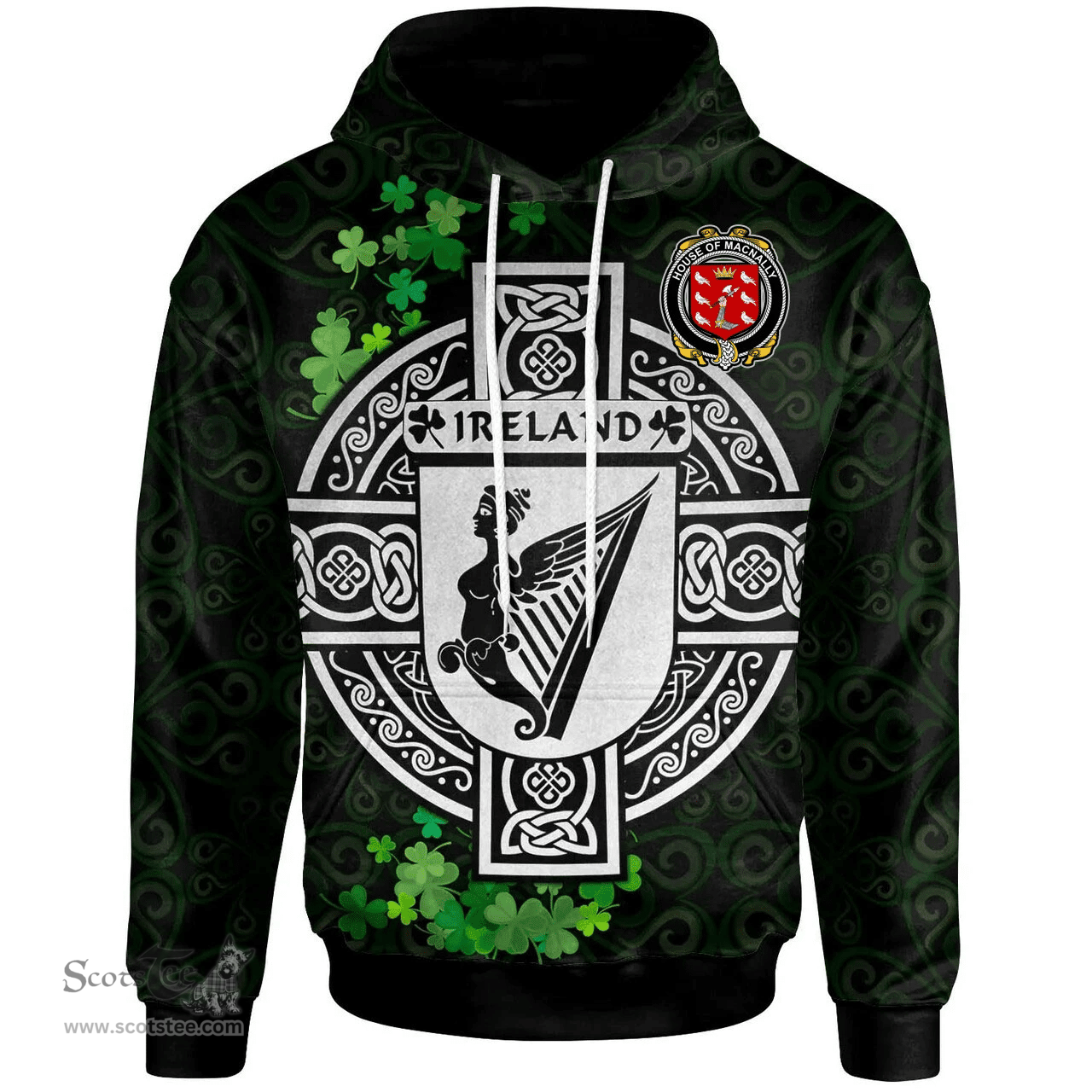 ScotsTee Shop Irish House of MACNALLY Coat of Arms Irish Hoodie Celtic Ireland Coat Of Arms Badge Pewter Harp Pin