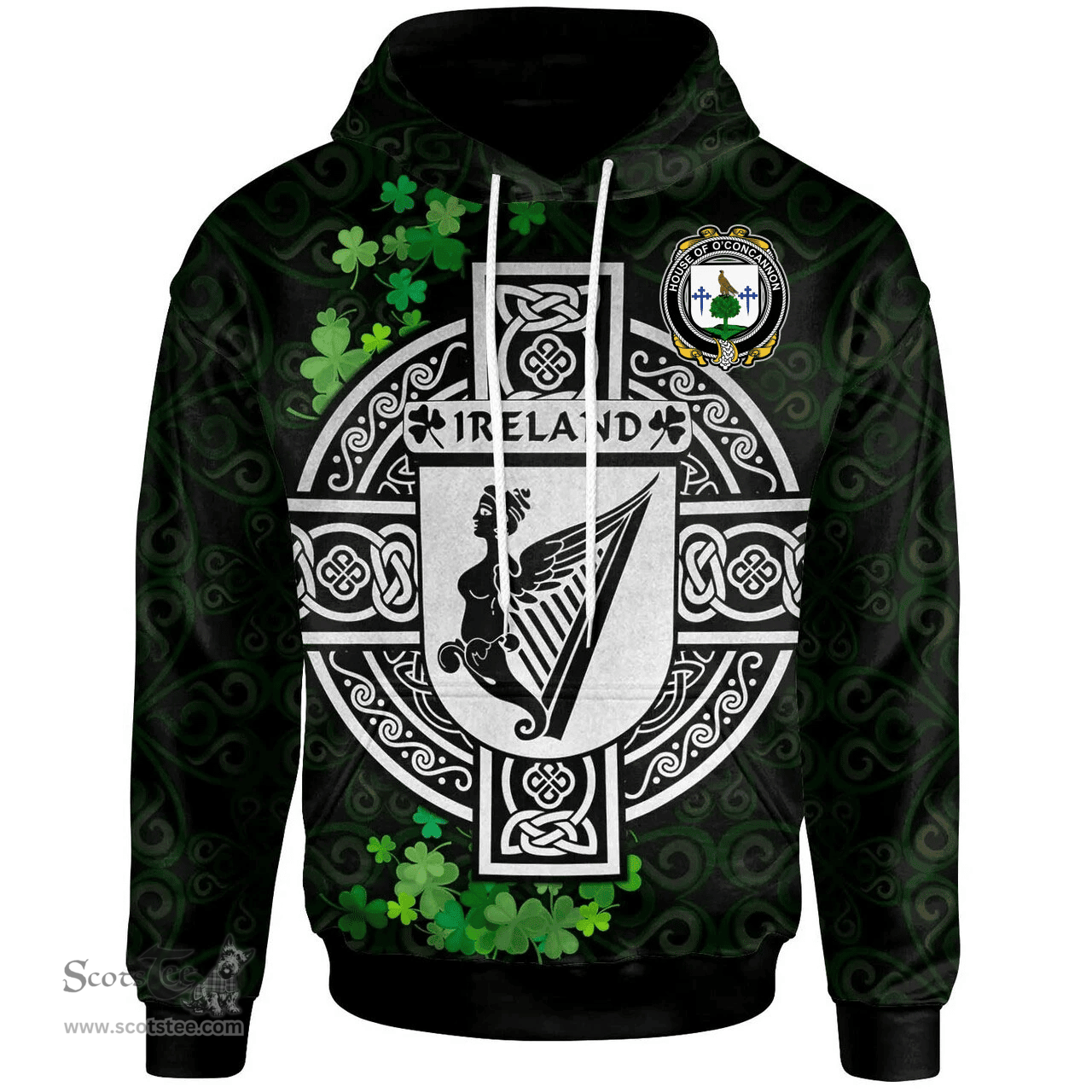 ScotsTee Shop Irish House of O'CONCANNON Coat of Arms Irish Hoodie Celtic Ireland Coat Of Arms Badge Pewter Harp Pin