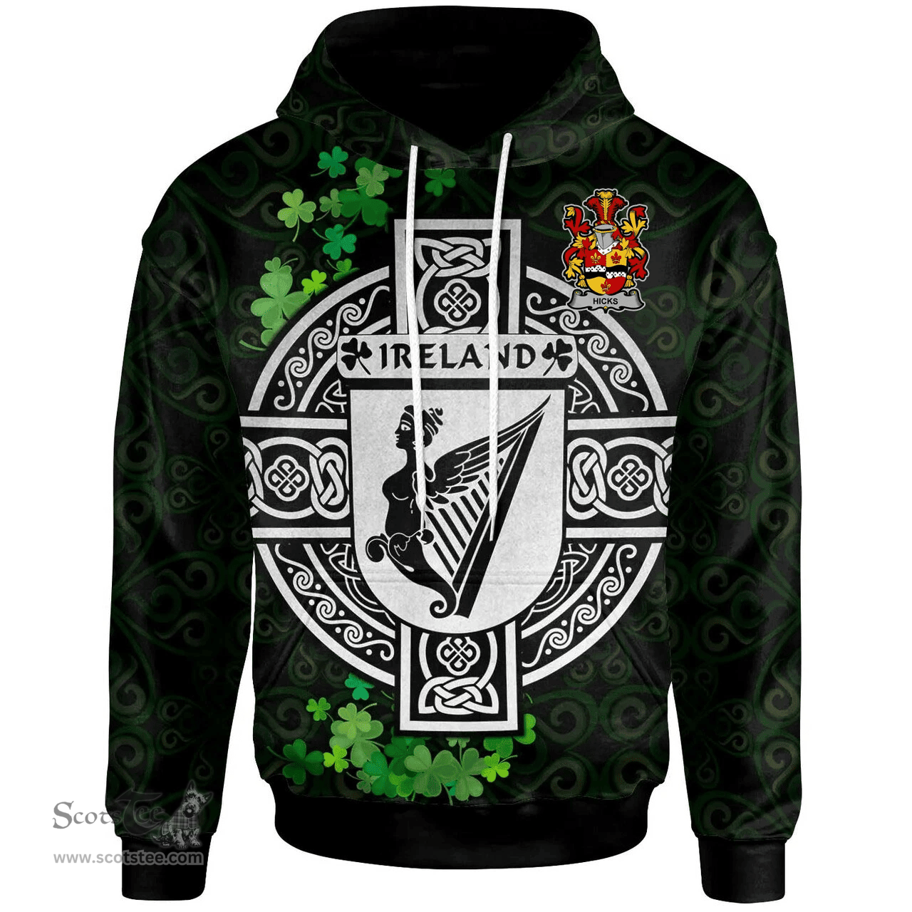 ScotsTee Shop Irish Hicks Coat of Arms Irish Hoodie Celtic Ireland Coat Of Arms Badge Pewter Harp Pin