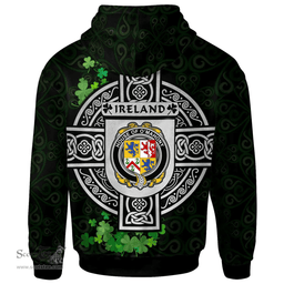 ScotsTee Shop Irish House of O'MAHONY Coat of Arms Irish Hoodie Celtic Ireland Coat Of Arms Badge Pewter Harp Pin