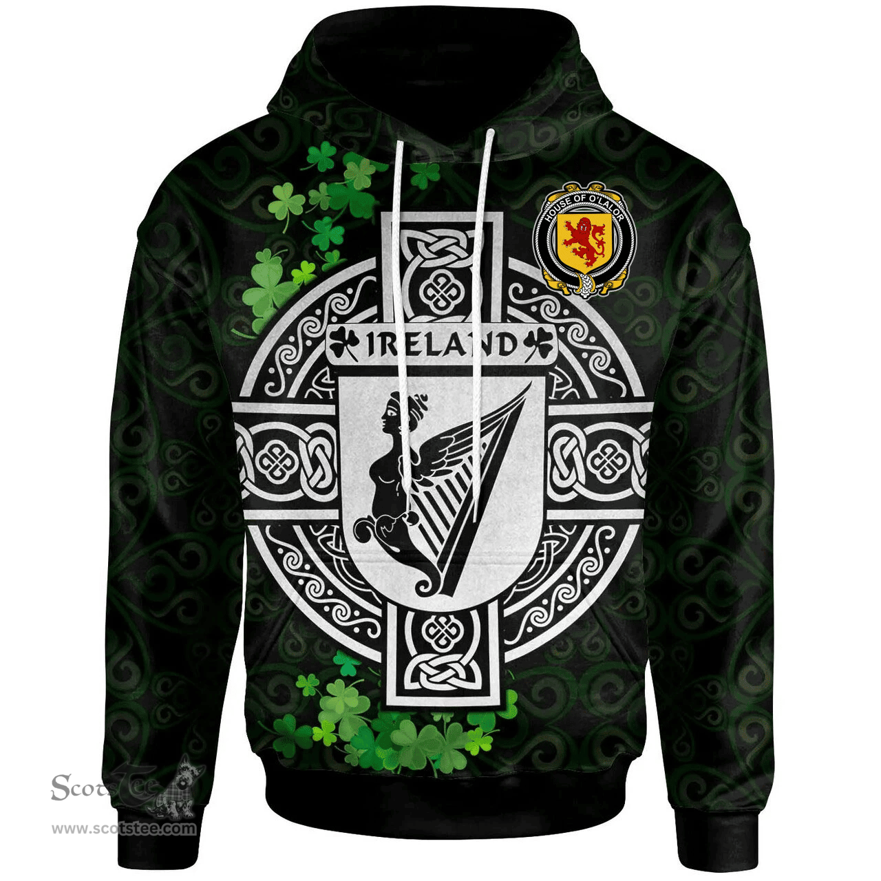 ScotsTee Shop Irish House of O'LALOR Coat of Arms Irish Hoodie Celtic Ireland Coat Of Arms Badge Pewter Harp Pin