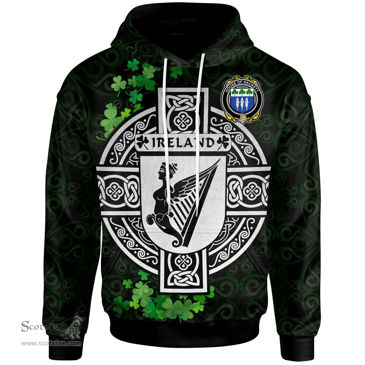ScotsTee Shop Irish House of HACKETT Coat of Arms Irish Hoodie Celtic Ireland Coat Of Arms Badge Pewter Harp Pin