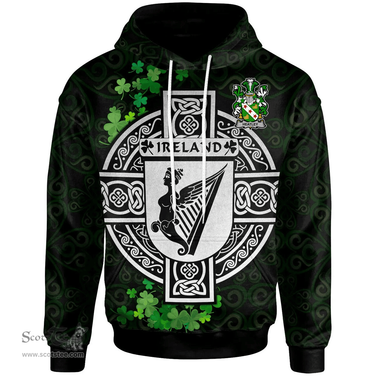 ScotsTee Shop Irish Heatley Coat of Arms Irish Hoodie Celtic Ireland Coat Of Arms Badge Pewter Harp Pin