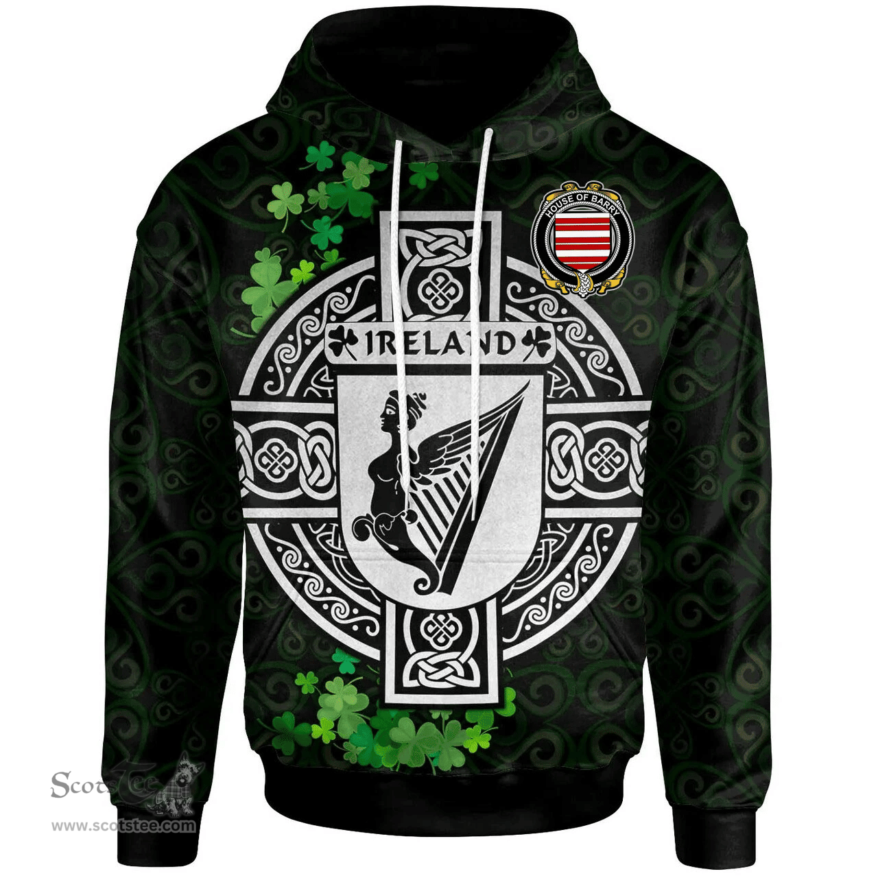 ScotsTee Shop Irish House of BARRY Coat of Arms Irish Hoodie Celtic Ireland Coat Of Arms Badge Pewter Harp Pin