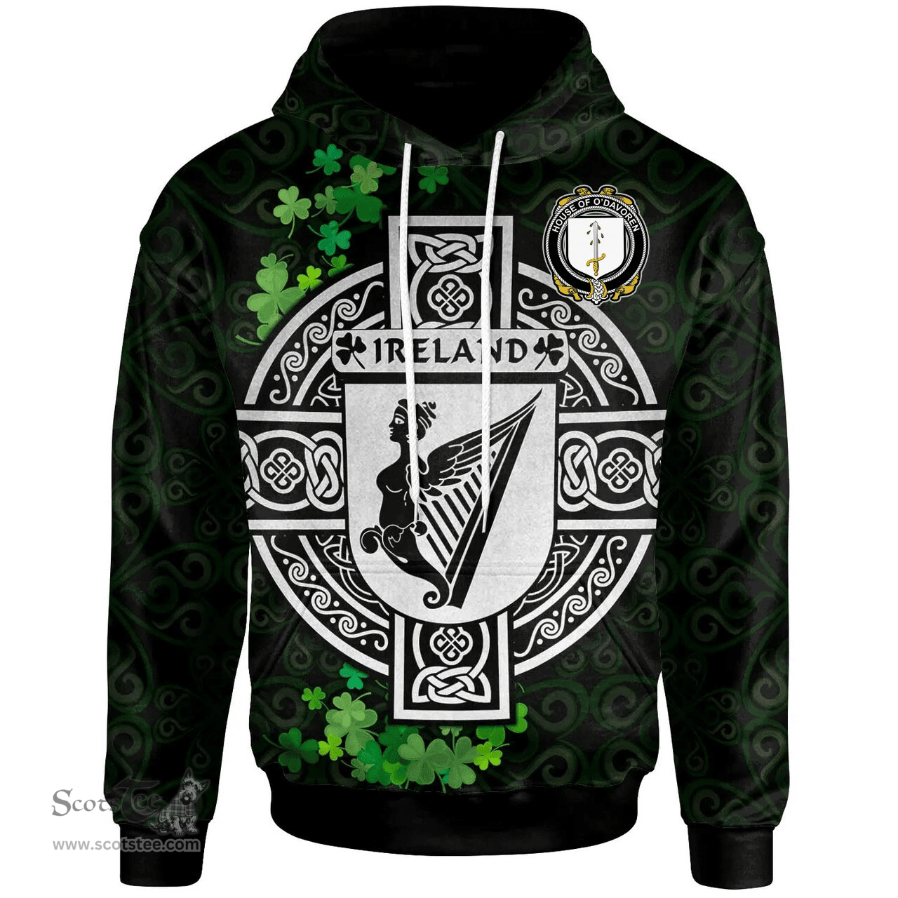 ScotsTee Shop Irish House of O'DAVOREN Coat of Arms Irish Hoodie Celtic Ireland Coat Of Arms Badge Pewter Harp Pin