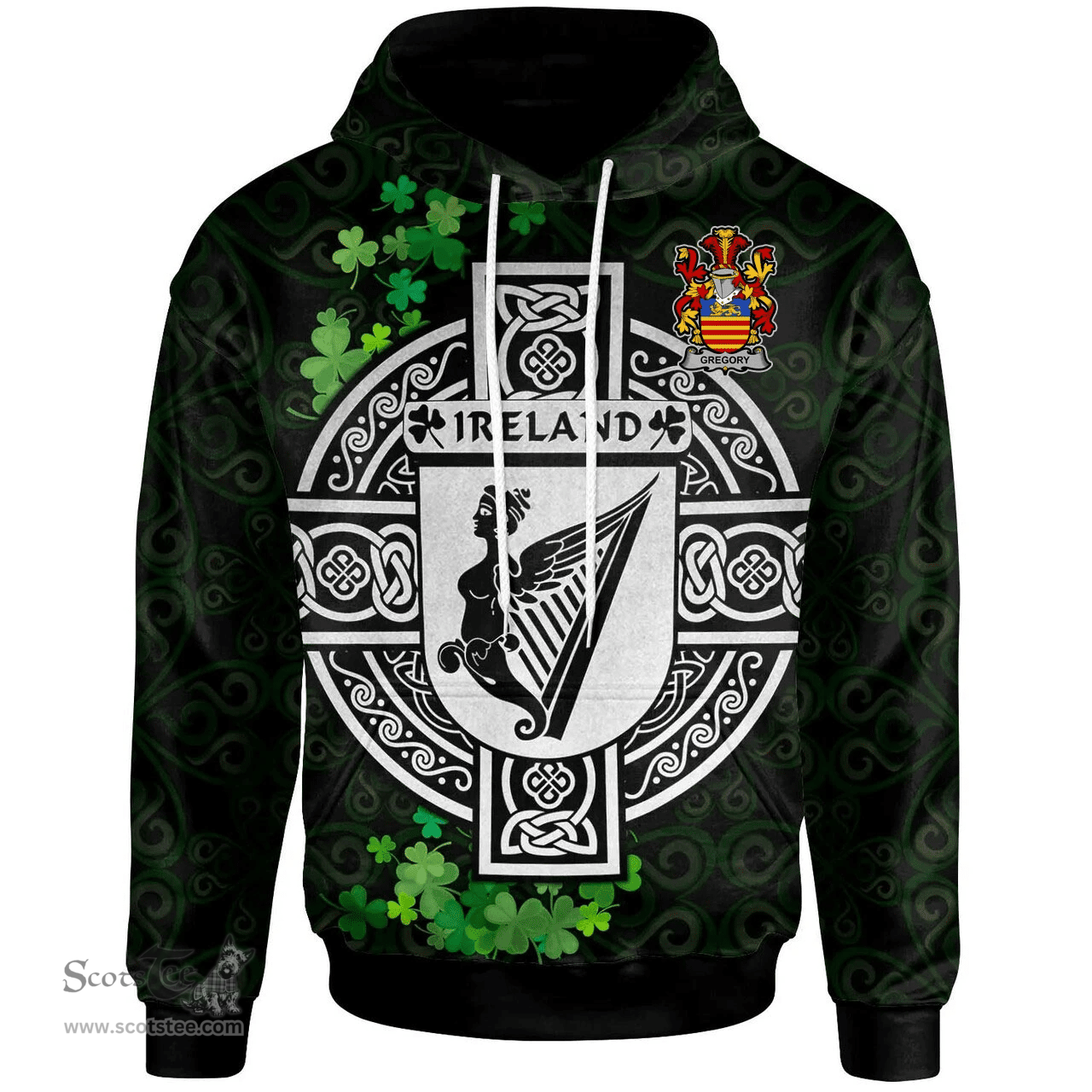 ScotsTee Shop Irish Gregory Coat of Arms Irish Hoodie Celtic Ireland Coat Of Arms Badge Pewter Harp Pin