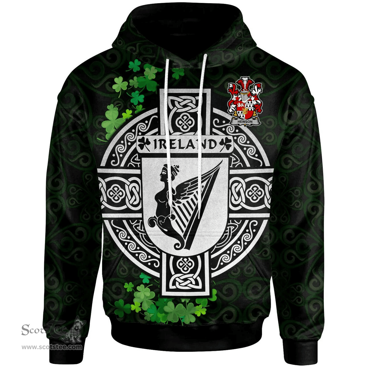 ScotsTee Shop Irish Hewson Coat of Arms Irish Hoodie Celtic Ireland Coat Of Arms Badge Pewter Harp Pin