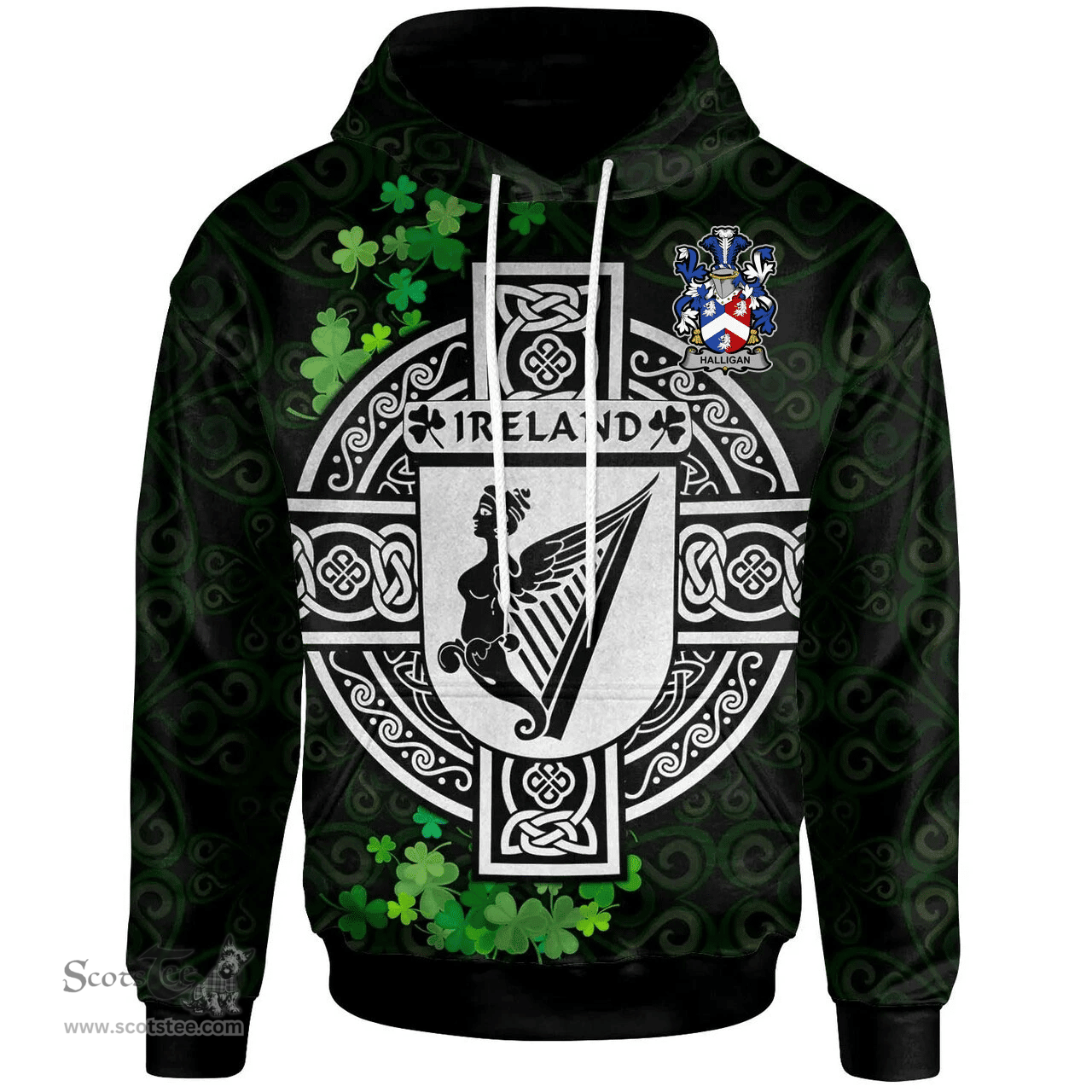 ScotsTee Shop Irish Halligan or O'Halligan Coat of Arms Irish Hoodie Celtic Ireland Coat Of Arms Badge Pewter Harp Pin