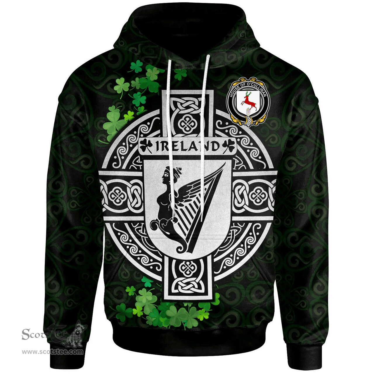 ScotsTee Shop Irish House of O'CULLINAN Coat of Arms Irish Hoodie Celtic Ireland Coat Of Arms Badge Pewter Harp Pin