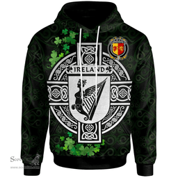 ScotsTee Shop Irish House of O'HEYNE Coat of Arms Irish Hoodie Celtic Ireland Coat Of Arms Badge Pewter Harp Pin