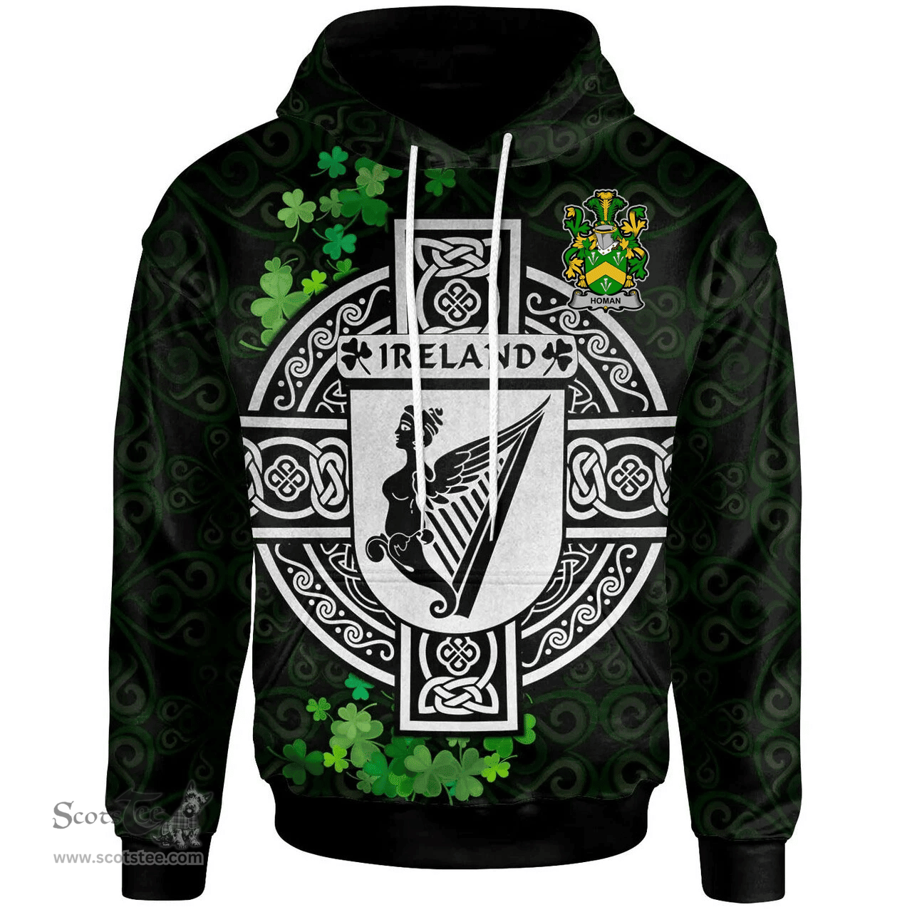 ScotsTee Shop Irish Homan or Howman Coat of Arms Irish Hoodie Celtic Ireland Coat Of Arms Badge Pewter Harp Pin