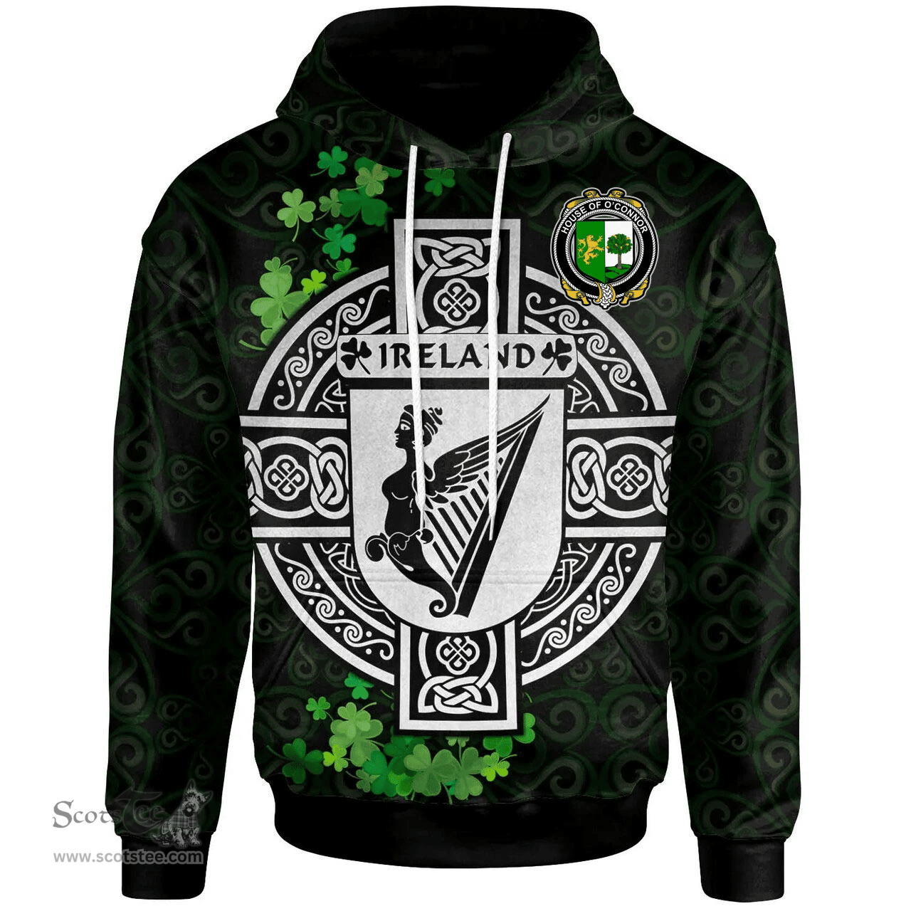 ScotsTee Shop Irish House of O'CONNOR (Sligo) Coat of Arms Irish Hoodie Celtic Ireland Coat Of Arms Badge Pewter Harp Pin