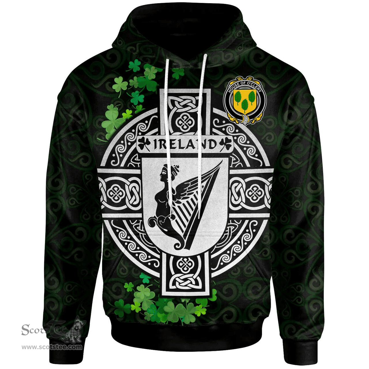 ScotsTee Shop Irish House of O'CLERY Coat of Arms Irish Hoodie Celtic Ireland Coat Of Arms Badge Pewter Harp Pin