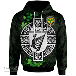ScotsTee Shop Irish House of O'CLERY Coat of Arms Irish Hoodie Celtic Ireland Coat Of Arms Badge Pewter Harp Pin