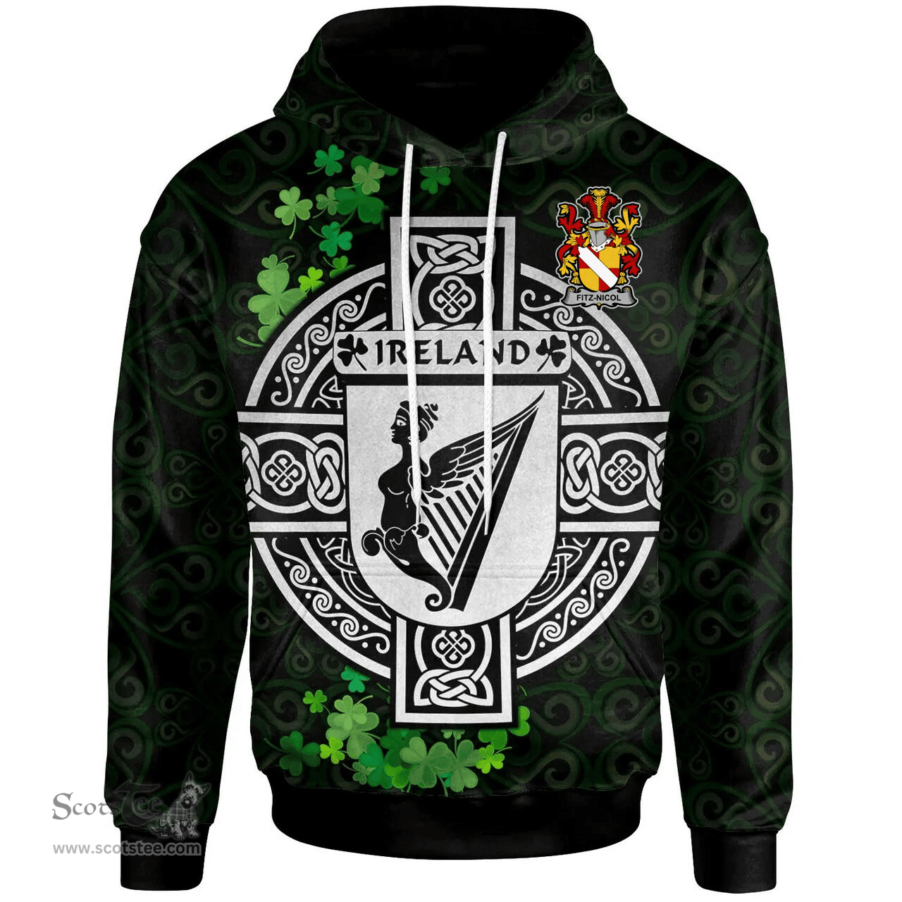 ScotsTee Shop Irish Fitz-Nicol Coat of Arms Irish Hoodie Celtic Ireland Coat Of Arms Badge Pewter Harp Pin