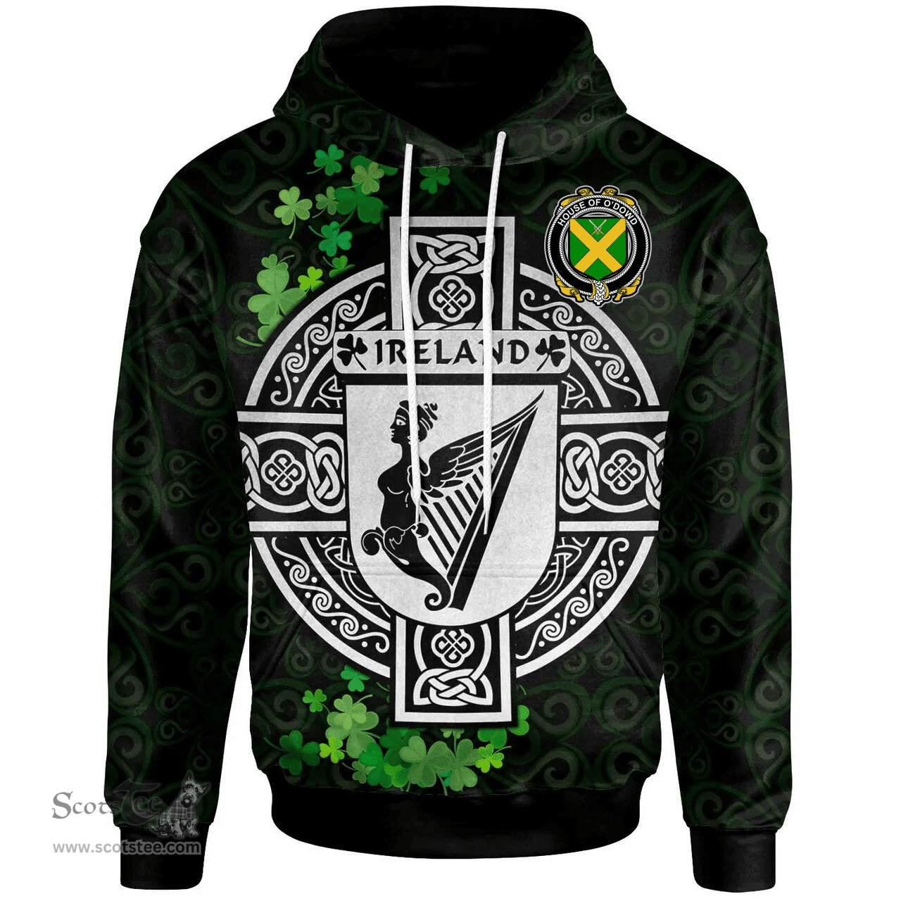 ScotsTee Shop Irish House of O'DOWD Coat of Arms Irish Hoodie Celtic Ireland Coat Of Arms Badge Pewter Harp Pin