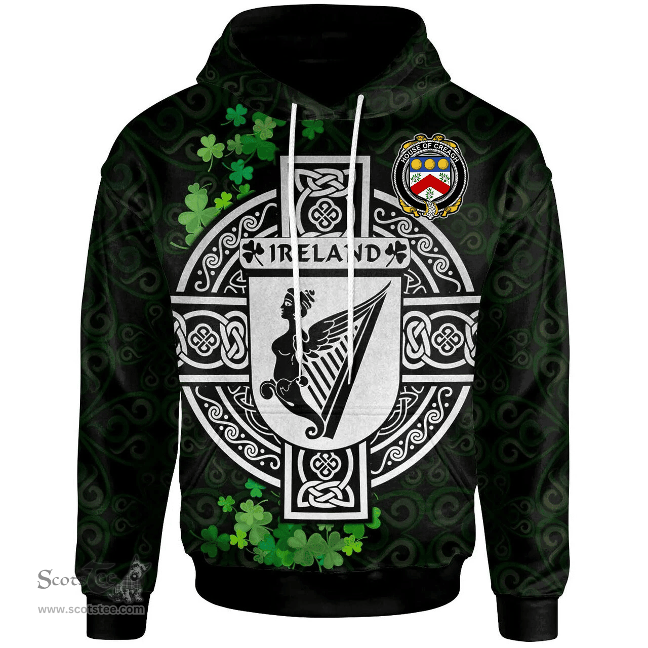 ScotsTee Shop Irish House of CREAGH Coat of Arms Irish Hoodie Celtic Ireland Coat Of Arms Badge Pewter Harp Pin