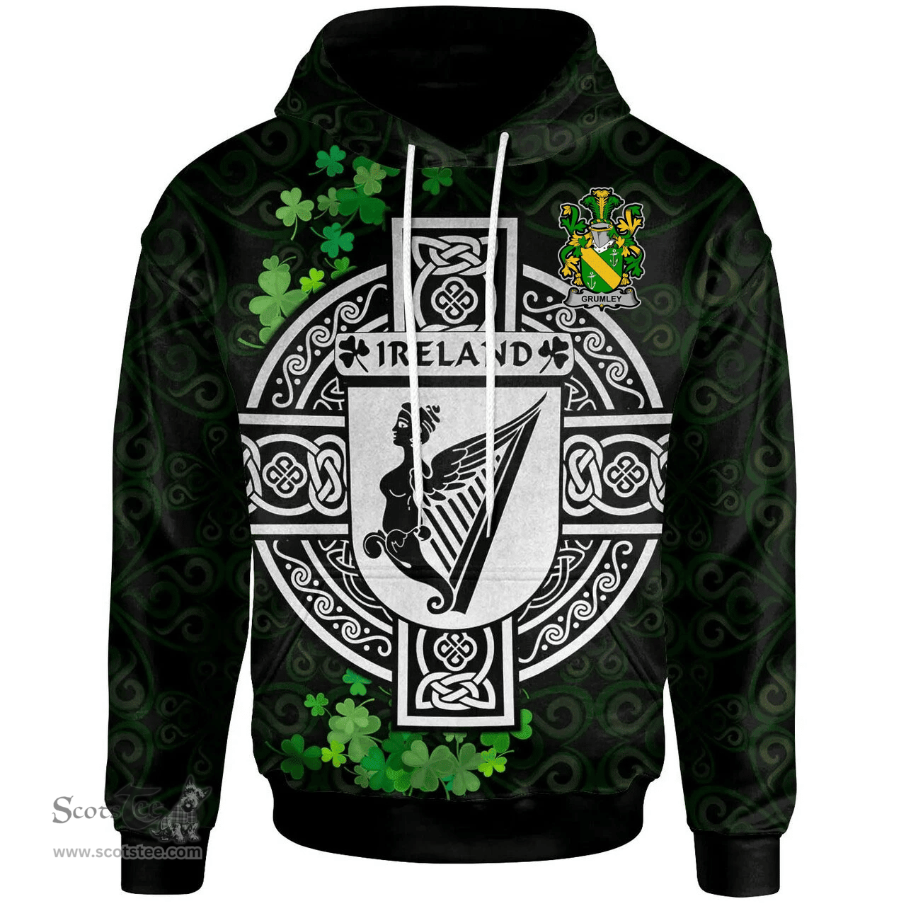 ScotsTee Shop Irish Grumley Coat of Arms Irish Hoodie Celtic Ireland Coat Of Arms Badge Pewter Harp Pin