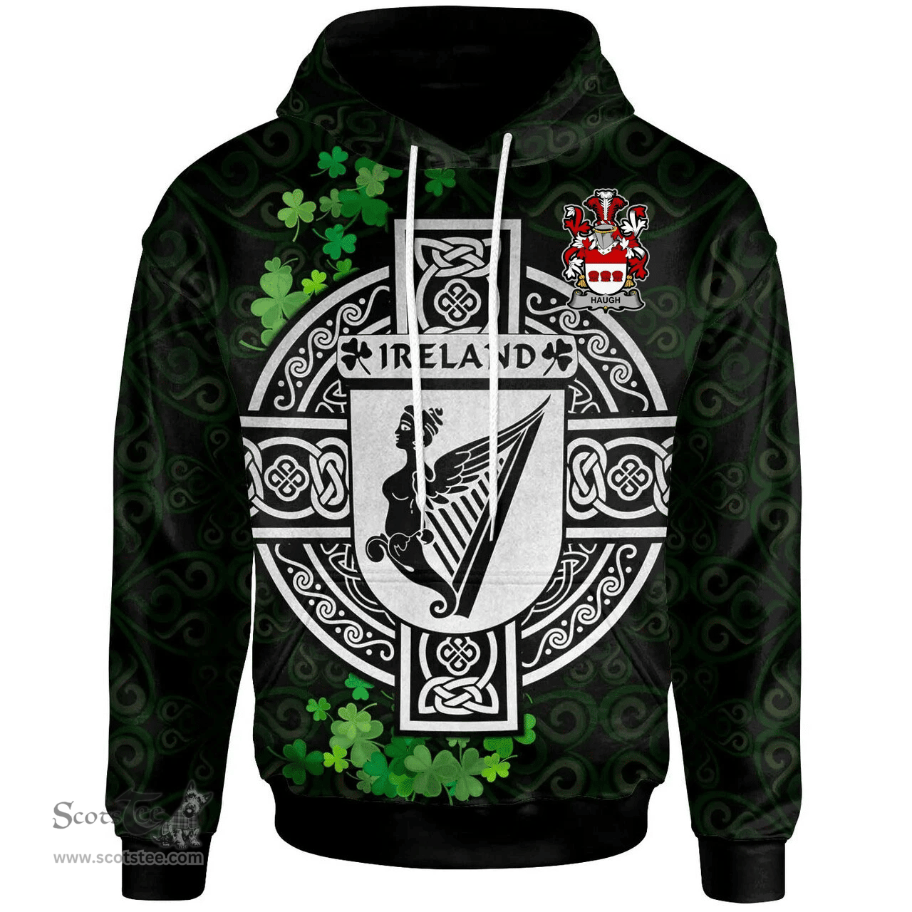 ScotsTee Shop Irish Haugh or O'Hough Coat of Arms Irish Hoodie Celtic Ireland Coat Of Arms Badge Pewter Harp Pin