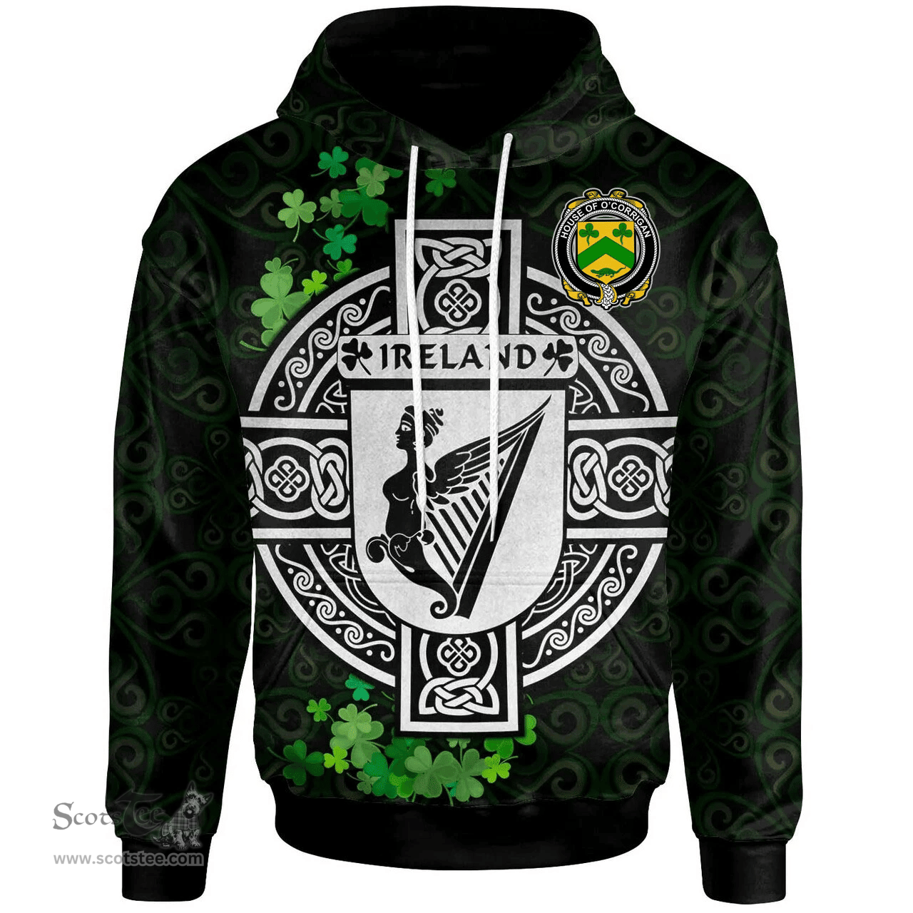 ScotsTee Shop Irish House of O'CORRIGAN Coat of Arms Irish Hoodie Celtic Ireland Coat Of Arms Badge Pewter Harp Pin
