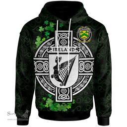 ScotsTee Shop Irish House of O'CORRIGAN Coat of Arms Irish Hoodie Celtic Ireland Coat Of Arms Badge Pewter Harp Pin