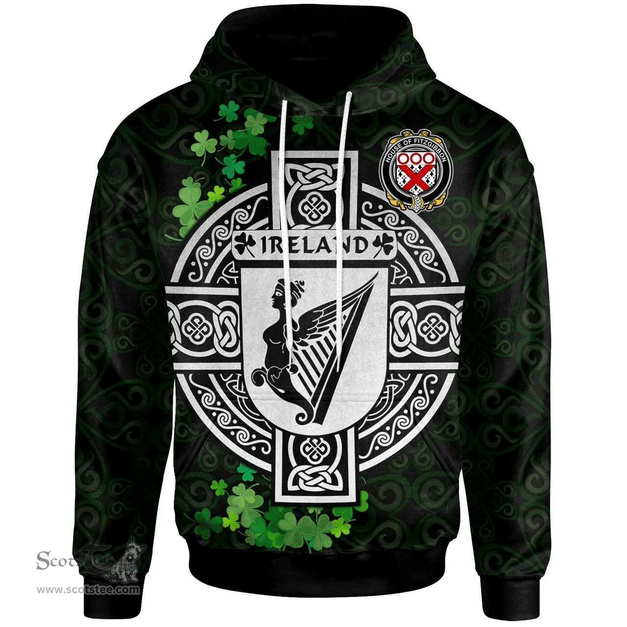 ScotsTee Shop Irish House of FITZGIBBON Coat of Arms Irish Hoodie Celtic Ireland Coat Of Arms Badge Pewter Harp Pin