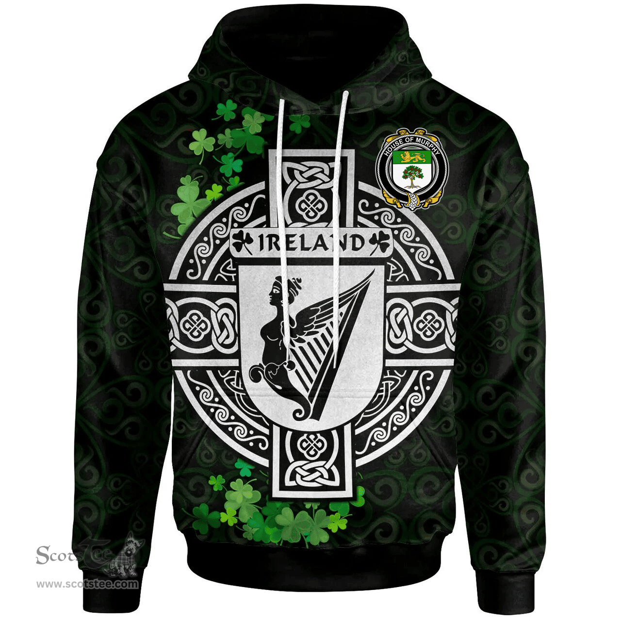 ScotsTee Shop Irish House of MURPHY (OMorchoe) Coat of Arms Irish Hoodie Celtic Ireland Coat Of Arms Badge Pewter Harp Pin