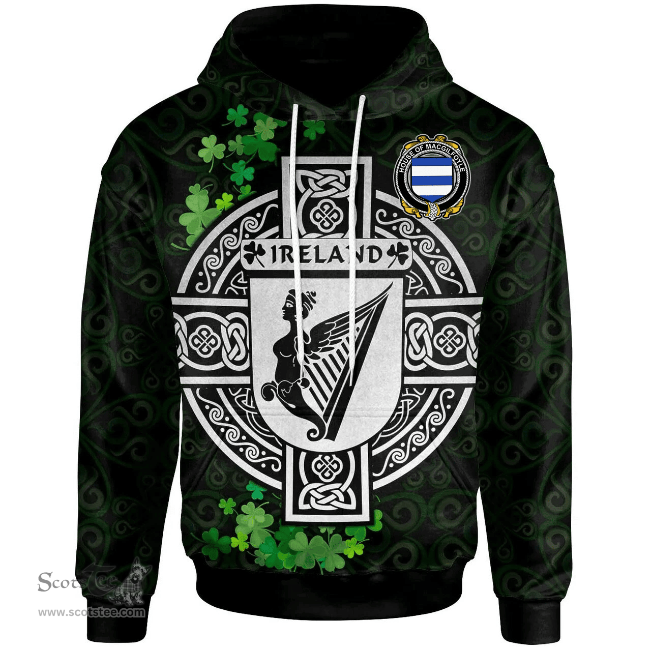 ScotsTee Shop Irish House of MACGILFOYLE Coat of Arms Irish Hoodie Celtic Ireland Coat Of Arms Badge Pewter Harp Pin