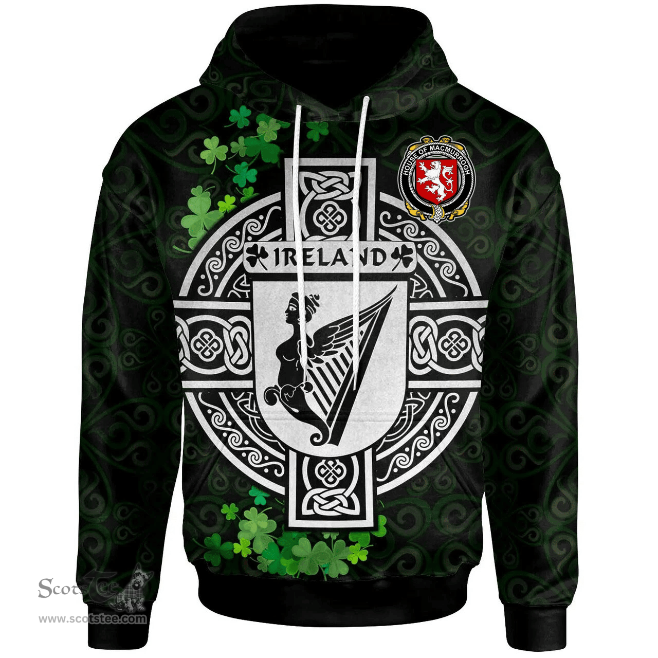 ScotsTee Shop Irish House of MACMURROGH Coat of Arms Irish Hoodie Celtic Ireland Coat Of Arms Badge Pewter Harp Pin