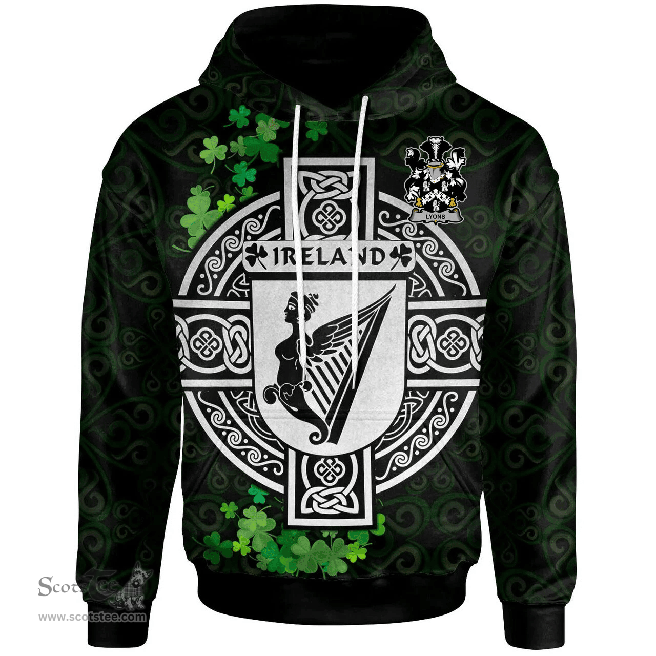 ScotsTee Shop Irish Lyons or Lyne Coat of Arms Irish Hoodie Celtic Ireland Coat Of Arms Badge Pewter Harp Pin