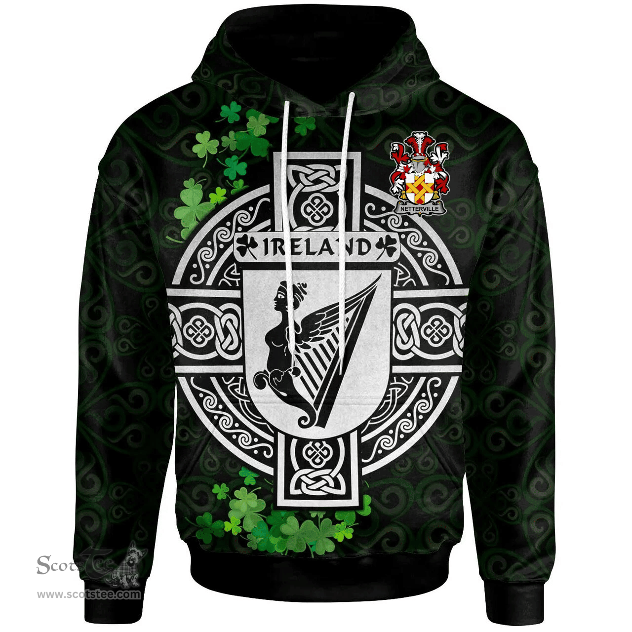 ScotsTee Shop Irish Netterville or Netterfield Coat of Arms Irish Hoodie Celtic Ireland Coat Of Arms Badge Pewter Harp Pin
