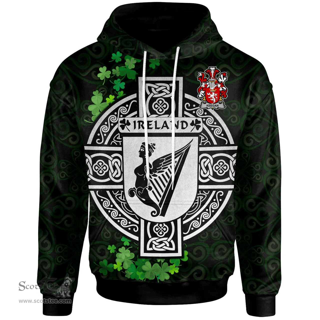 ScotsTee Shop Irish Keegan or Egan Coat of Arms Irish Hoodie Celtic Ireland Coat Of Arms Badge Pewter Harp Pin