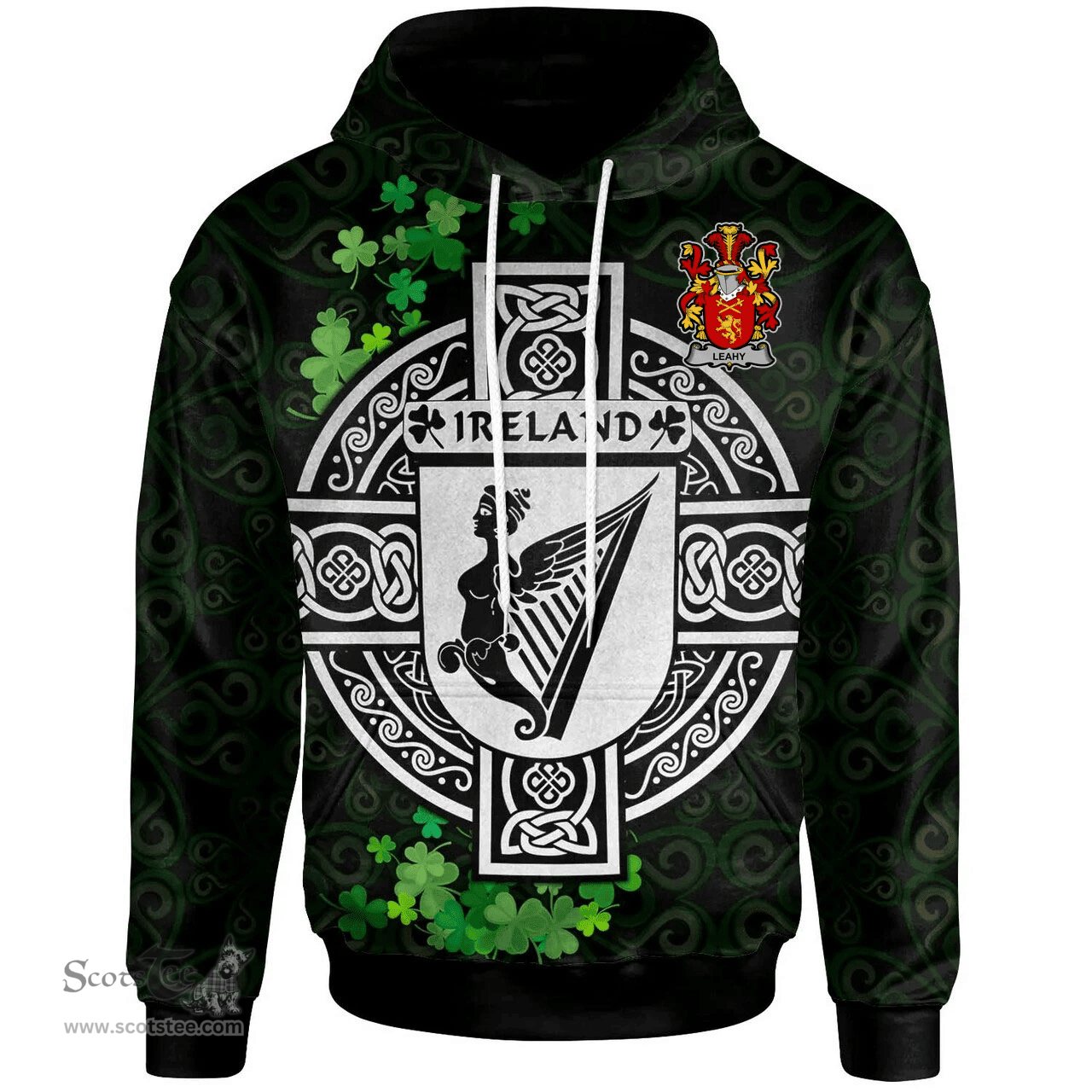 ScotsTee Shop Irish Leahy or O'Lahy Coat of Arms Irish Hoodie Celtic Ireland Coat Of Arms Badge Pewter Harp Pin