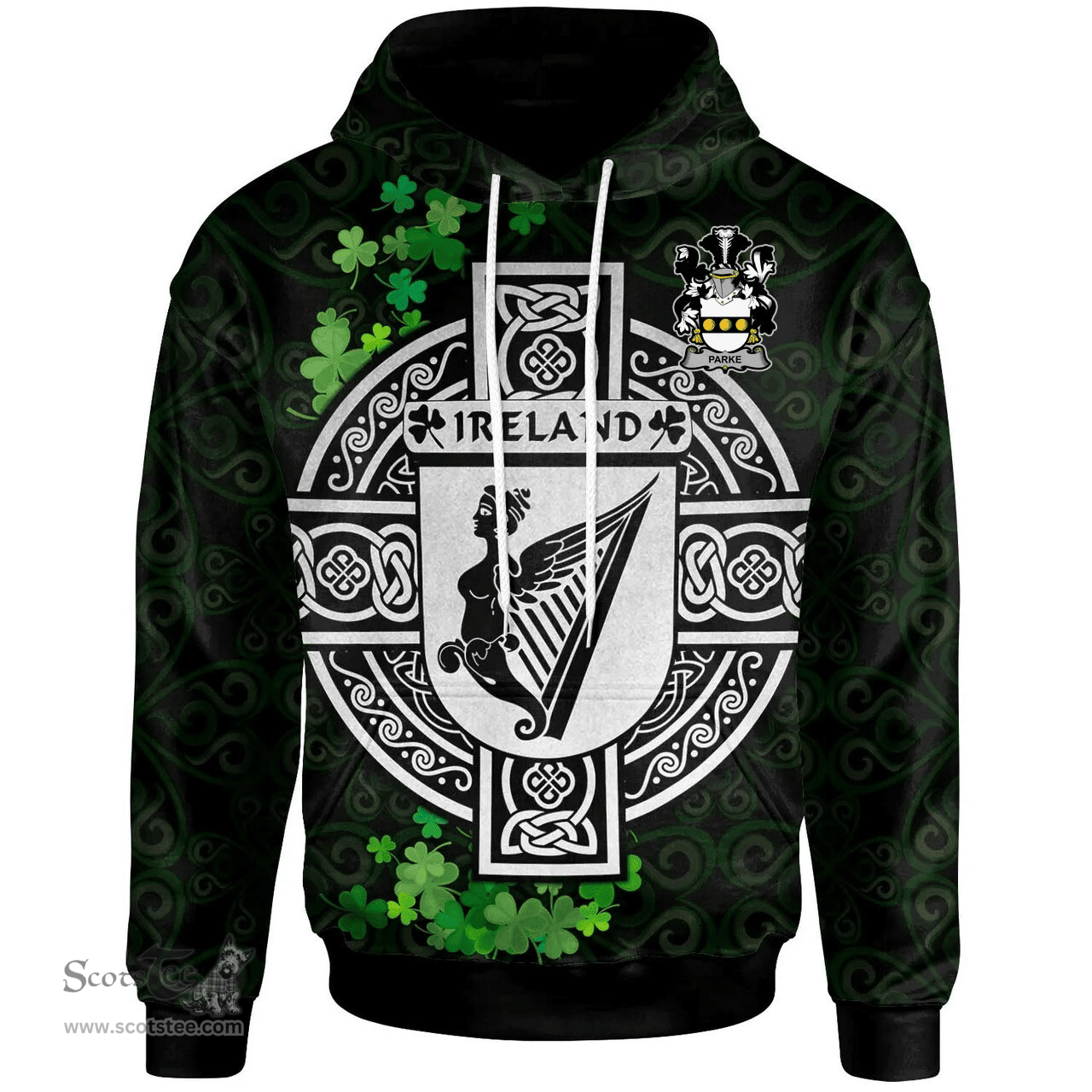 ScotsTee Shop Irish Parke Coat of Arms Irish Hoodie Celtic Ireland Coat Of Arms Badge Pewter Harp Pin