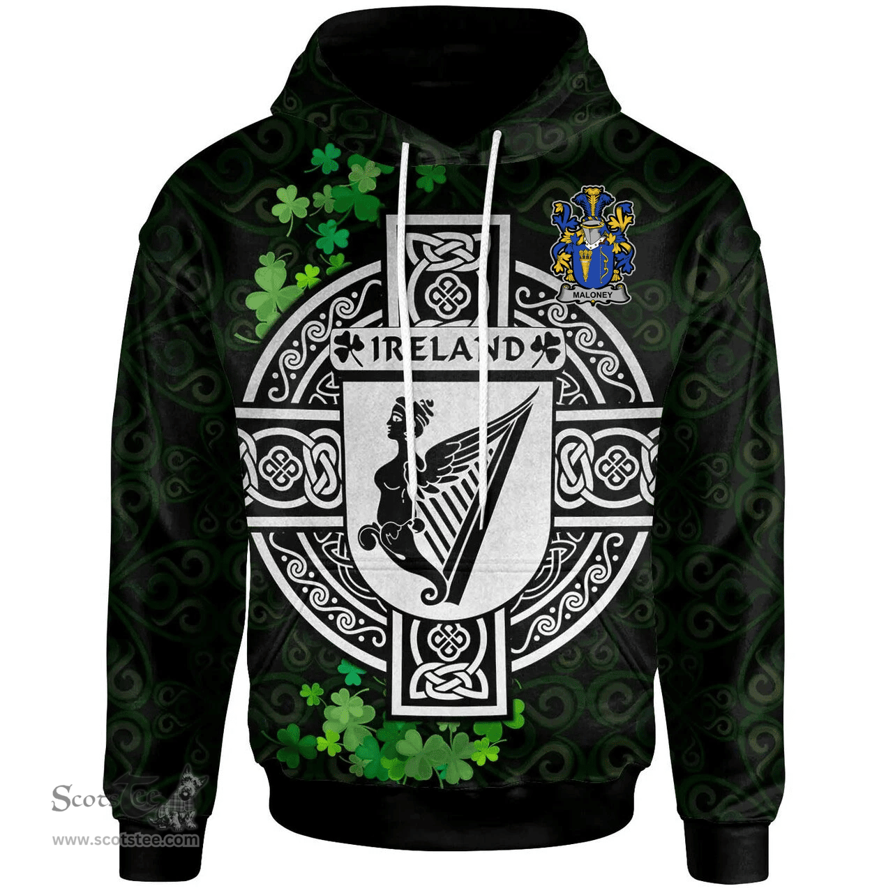 ScotsTee Shop Irish Maloney or O'Molony Coat of Arms Irish Hoodie Celtic Ireland Coat Of Arms Badge Pewter Harp Pin