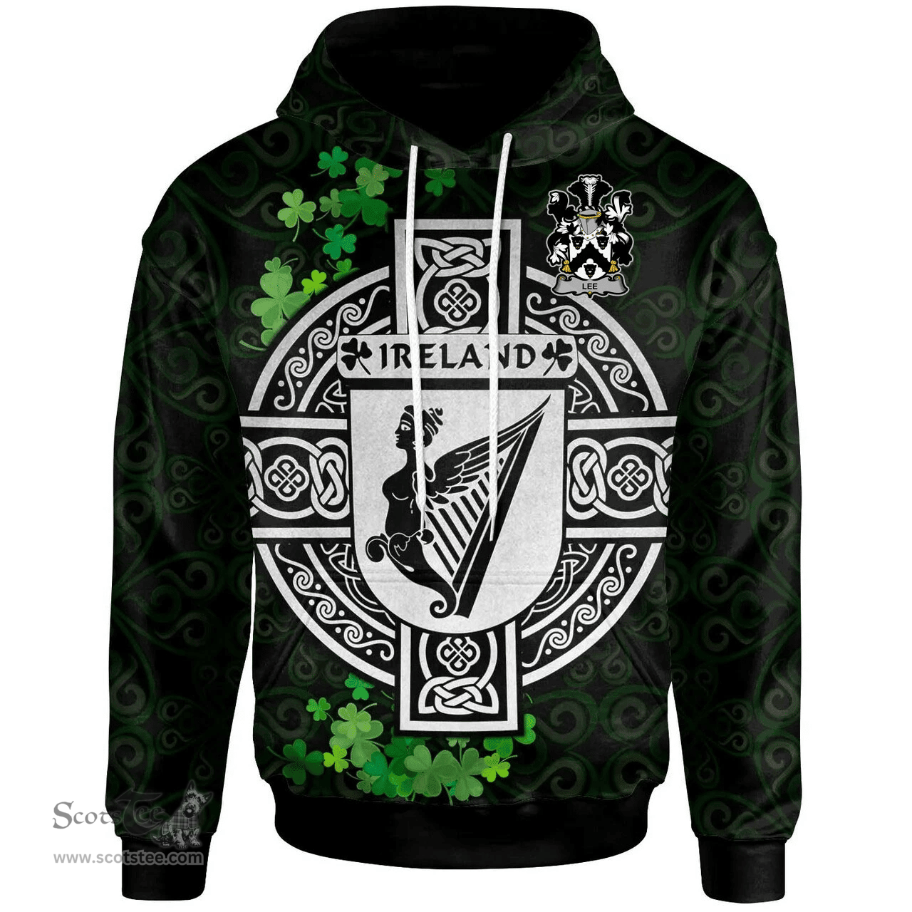 ScotsTee Shop Irish Lee or O'Lee Coat of Arms Irish Hoodie Celtic Ireland Coat Of Arms Badge Pewter Harp Pin